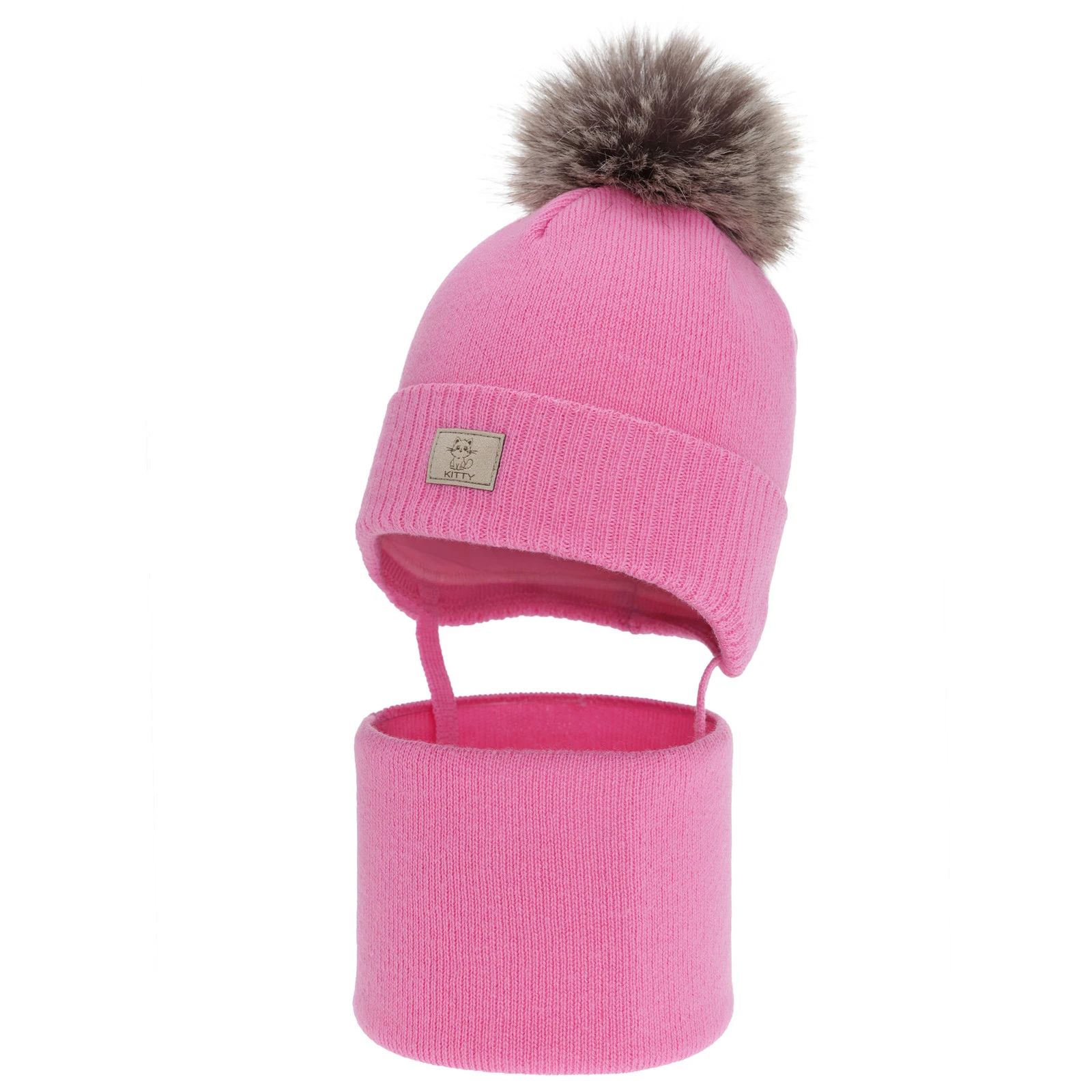 Czapka i komin dla dziewczynki zimowy komplet, różowy, 100% wełniany merino, podszyty bawełną, Senira