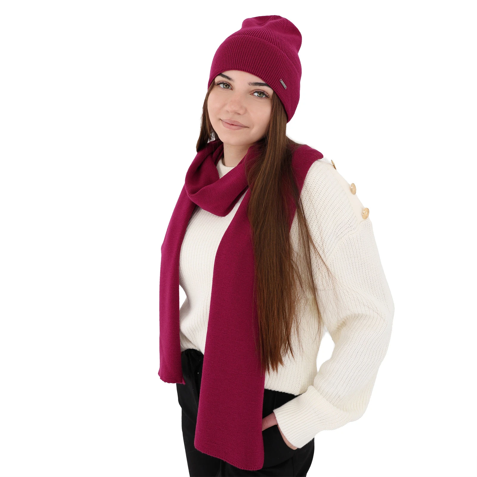 Czapka i szalik damski zimowy komplet, fuksja, 100% wełniany merino Melpomena