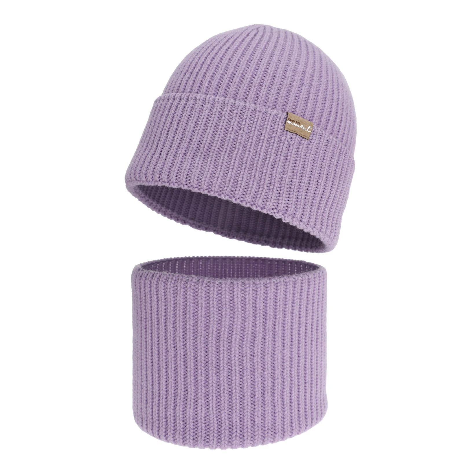 Czapka i komin dla dziewczynki, zimowy komplet, bezszwowy, fioletowy, 100% wełniany merino, Silena