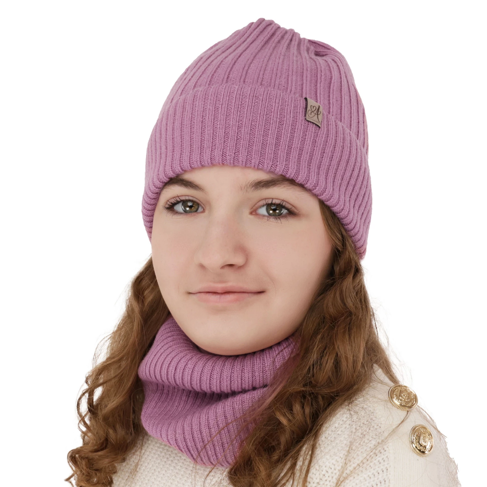Czapka i komin dla dziewczynki, zimowy komplet, kremowy, 100% wełniany merino, Patricia