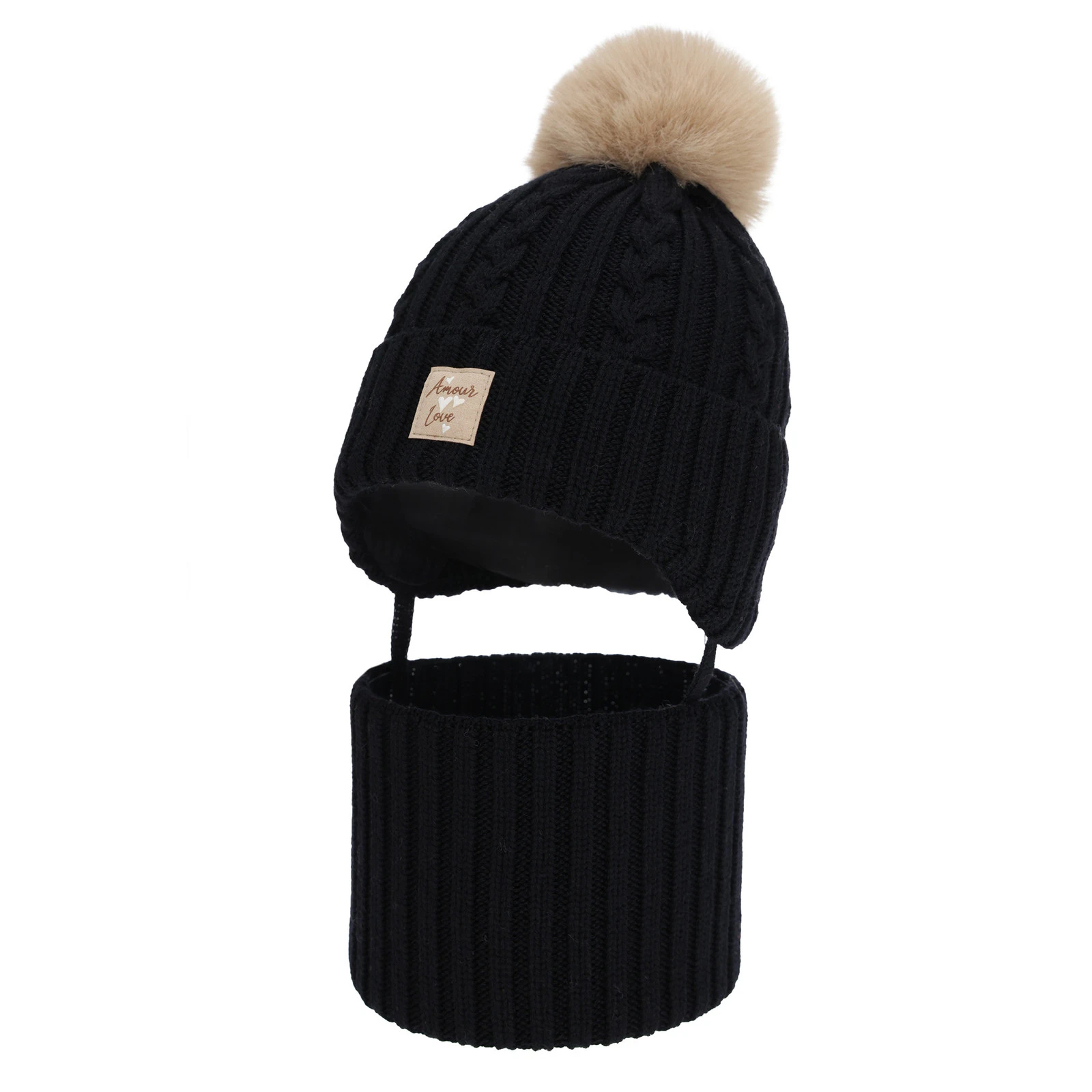 Czapka i komin dla dziewczynki, zimowy komplet, czarny, 100% wełniany merino, z pomponem Vratna