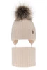 Czapka i komin dla dziewczynki zimowy komplet, jasnobeżowy, wiązany, 100% wełniany merino, z pomponem Junika