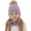 Czapka i komin dla dziewczynki, zimowy komplet, fioletowy, 100% wełniany merino, wiązany, podszyty bawełną, Malesia