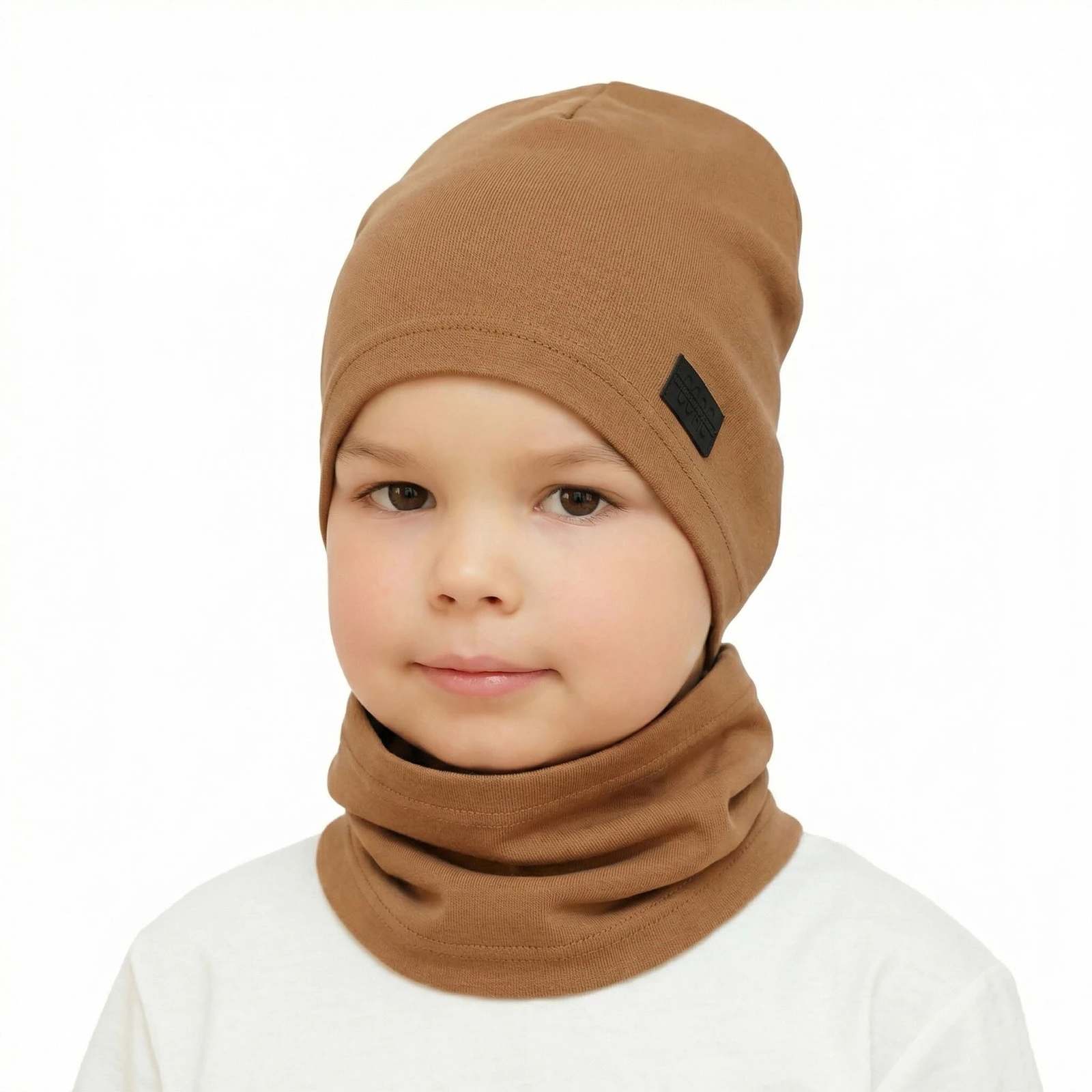 Czapka i komin dla chłopca jesienny, wiosenny komplet, camel, bawełniany Frizi