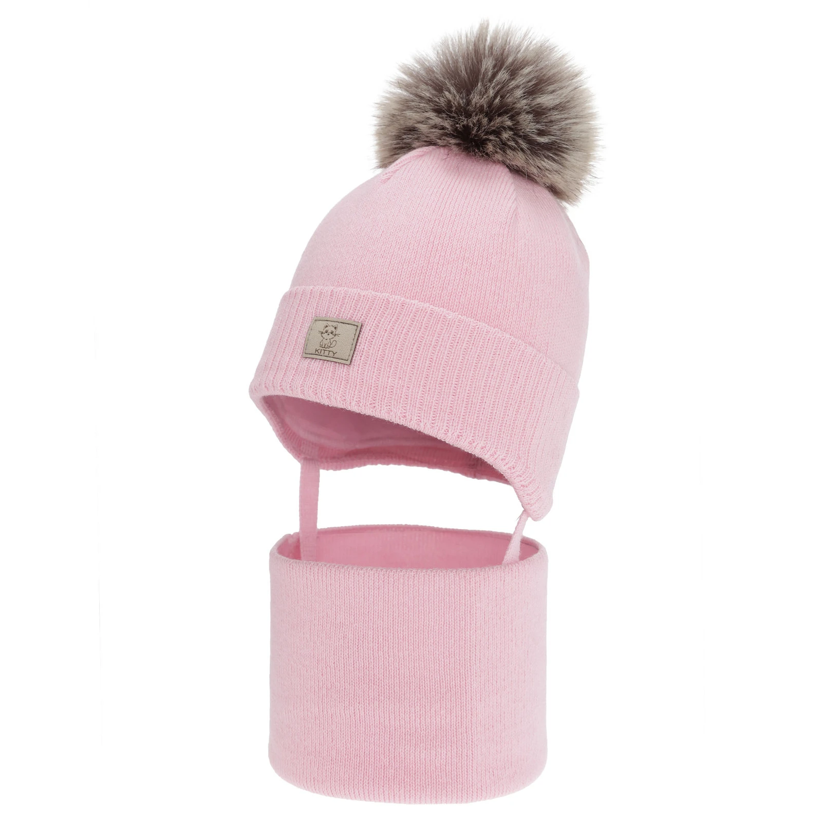 Czapka i komin dla dziewczynki zimowy komplet, różowy, 100% wełniany merino, podszyty bawełną, Senira