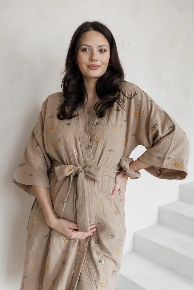 Szlafrok kimono ciążowe z muślinu HERBAL LATTE