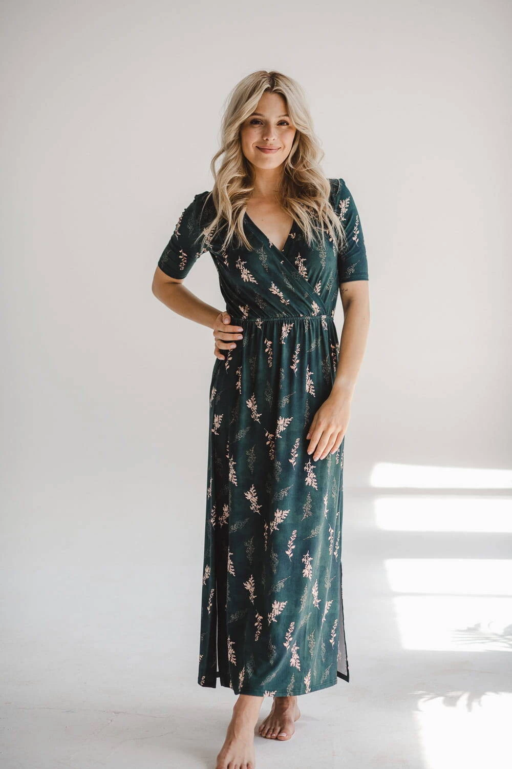 Sukienka ciążowa i do karmienia Two Ways LONG butelkowa zieleń w gałązki