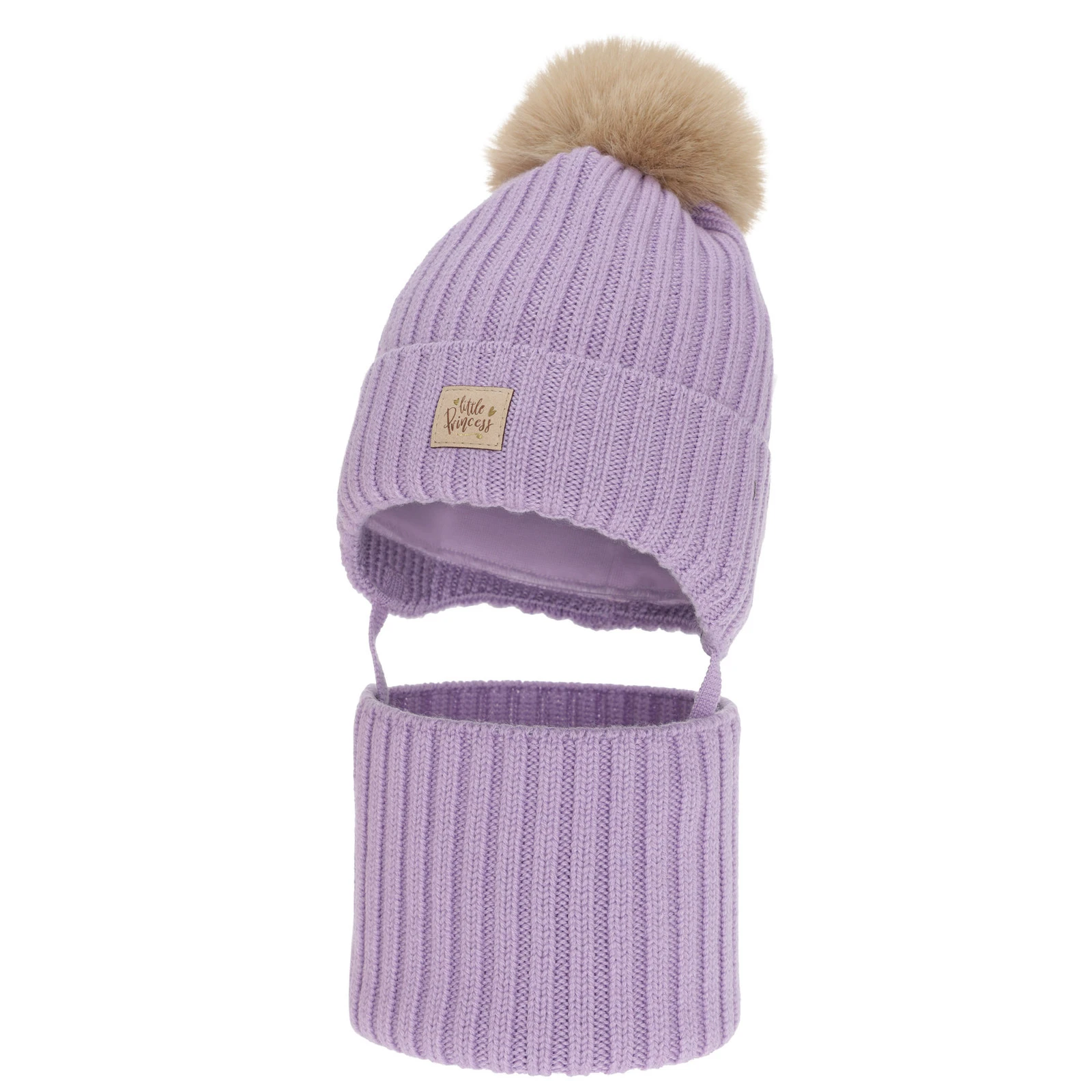 Czapka i komin dla dziewczynki, zimowy komplet, fioletowy, 100% wełniany merino, wiązany, podszyty bawełną, Malesia