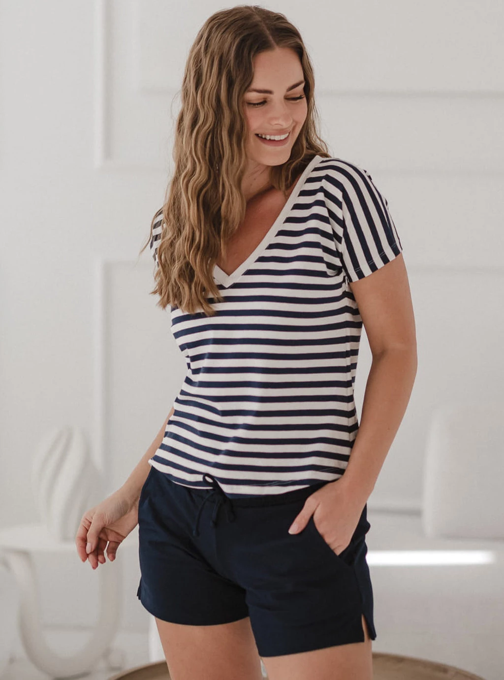 Dwustronna bluzka Two Ways krótki rękaw granatowo-białe paski