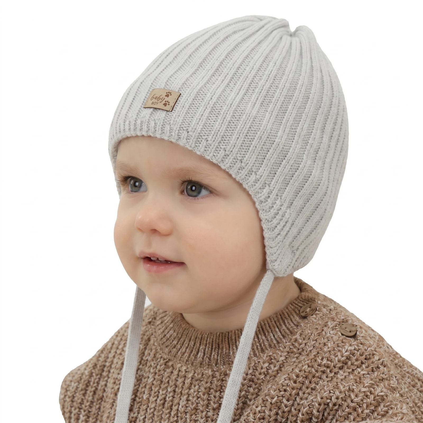 Czapka zimowa dla chłopca, szara, wiązana, 100% wełniana merino, podszyta polarem merino, Buno