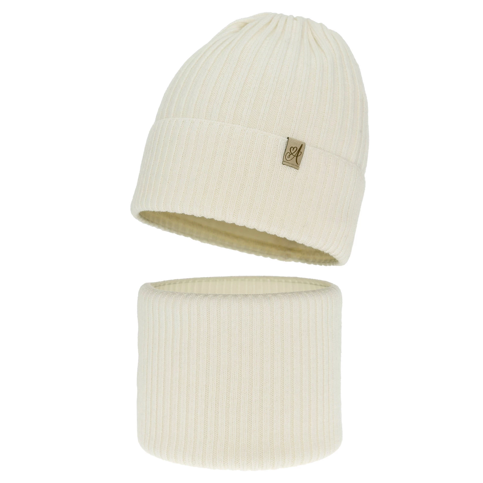 Czapka i komin dla dziewczynki, zimowy komplet, kremowy, 100% wełniany merino, Patricia