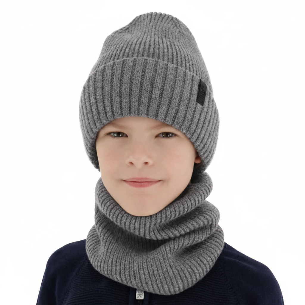 Czapka i komin dla chłopca, zimowy komplet, 100% wełniany merino, z podszyciem z wełny merino, szary Harbin