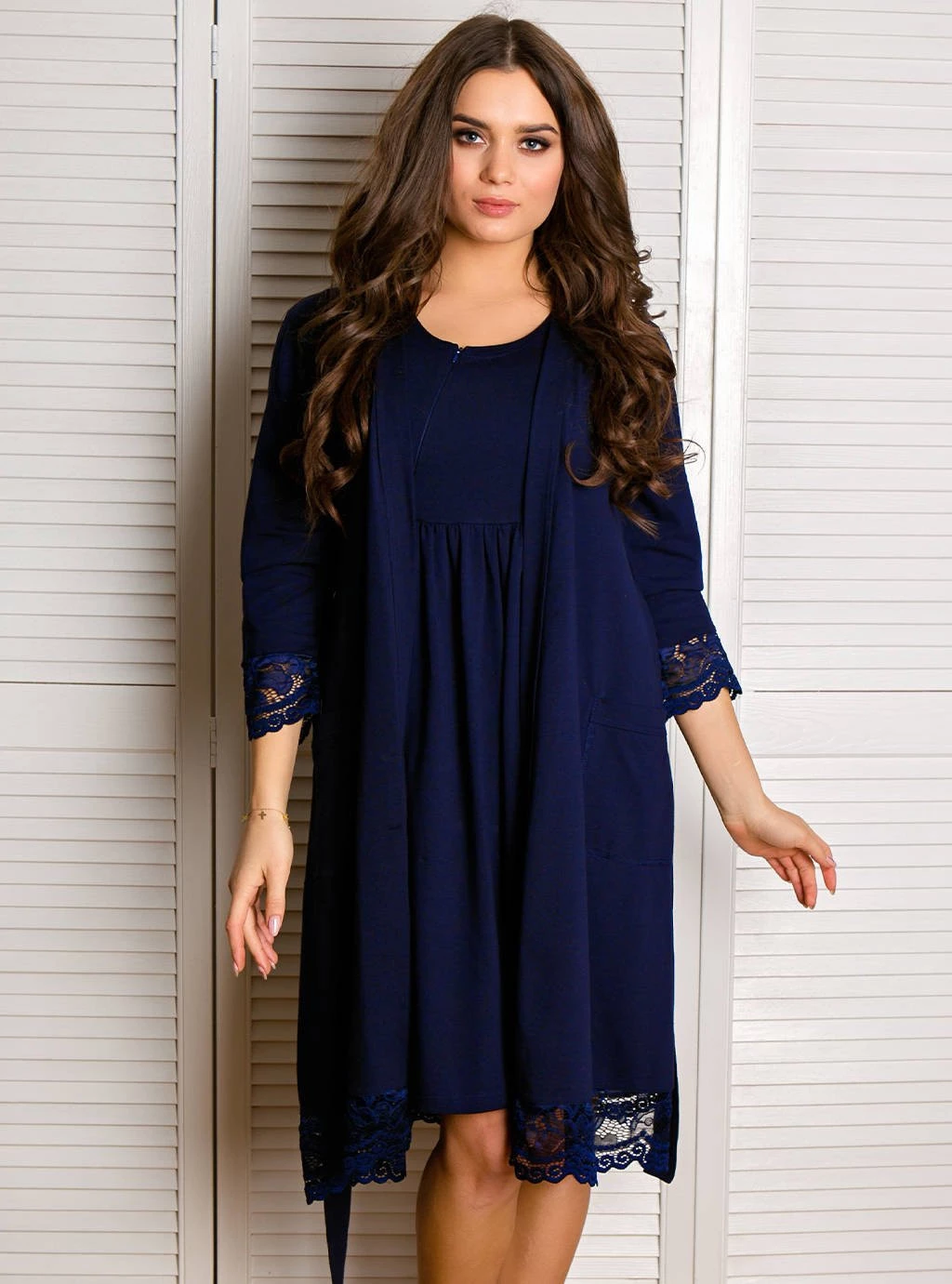 Szlafrok Ciążowy Koronka Grace - granatowy