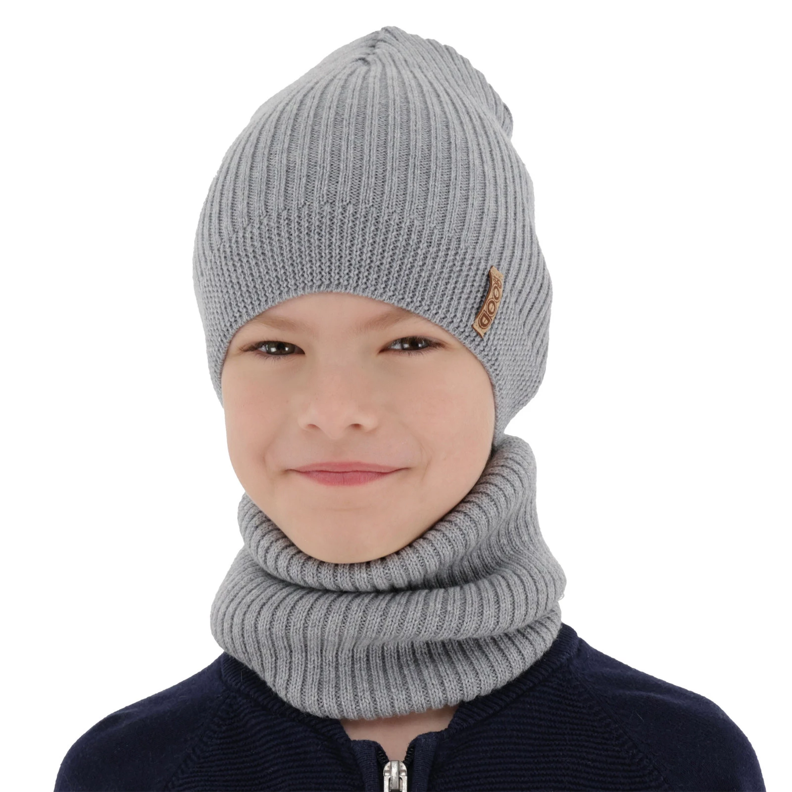 Czapka i komin dla chłopca jesienny, wiosenny komplet, jasnoszary, 100% wełniana merino Chester
