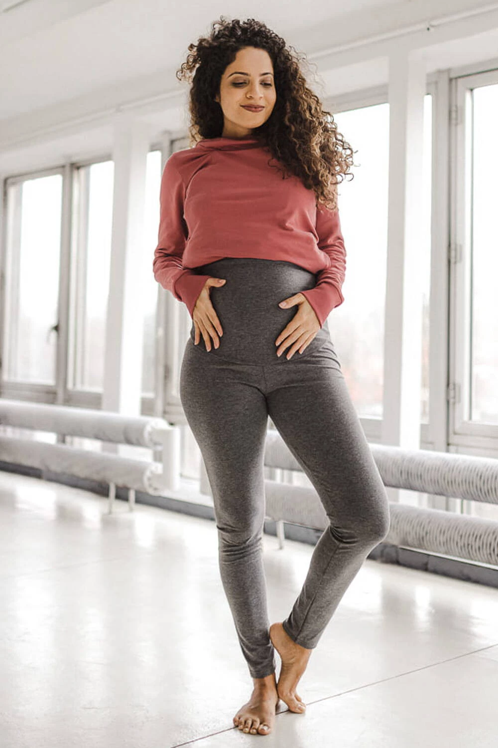 Legginsy ciążowe z wysokim pasem ciemny szary melanż