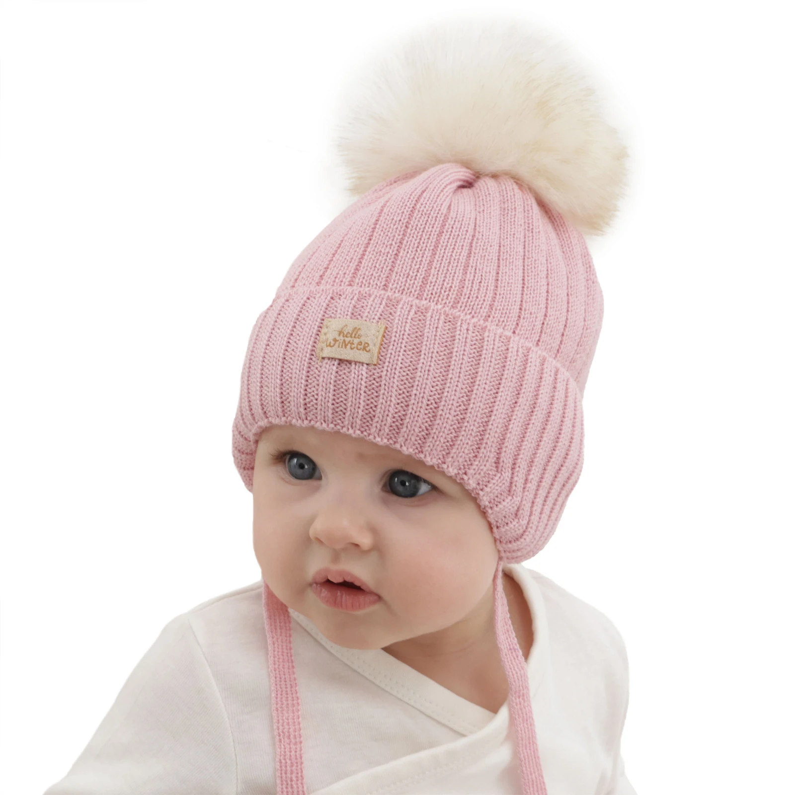 Czapka zimowa dla dziewczynki, różowa, wiązana, z wełną merino Basma