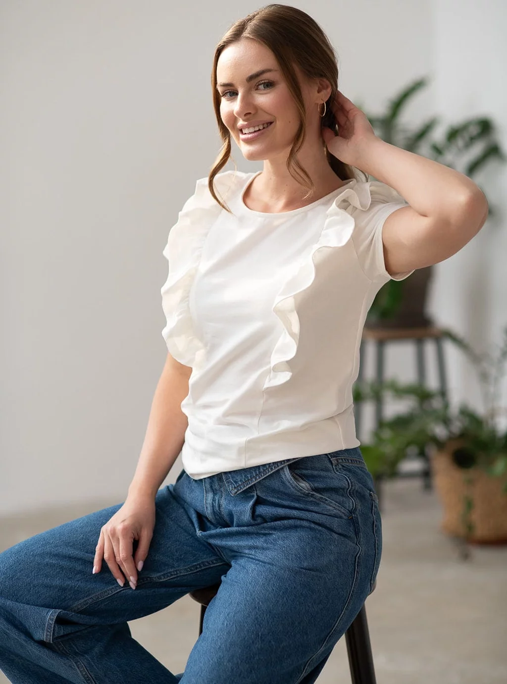 Bluzka do karmienia Milky Waves z krótkim rękawem śmietankowa