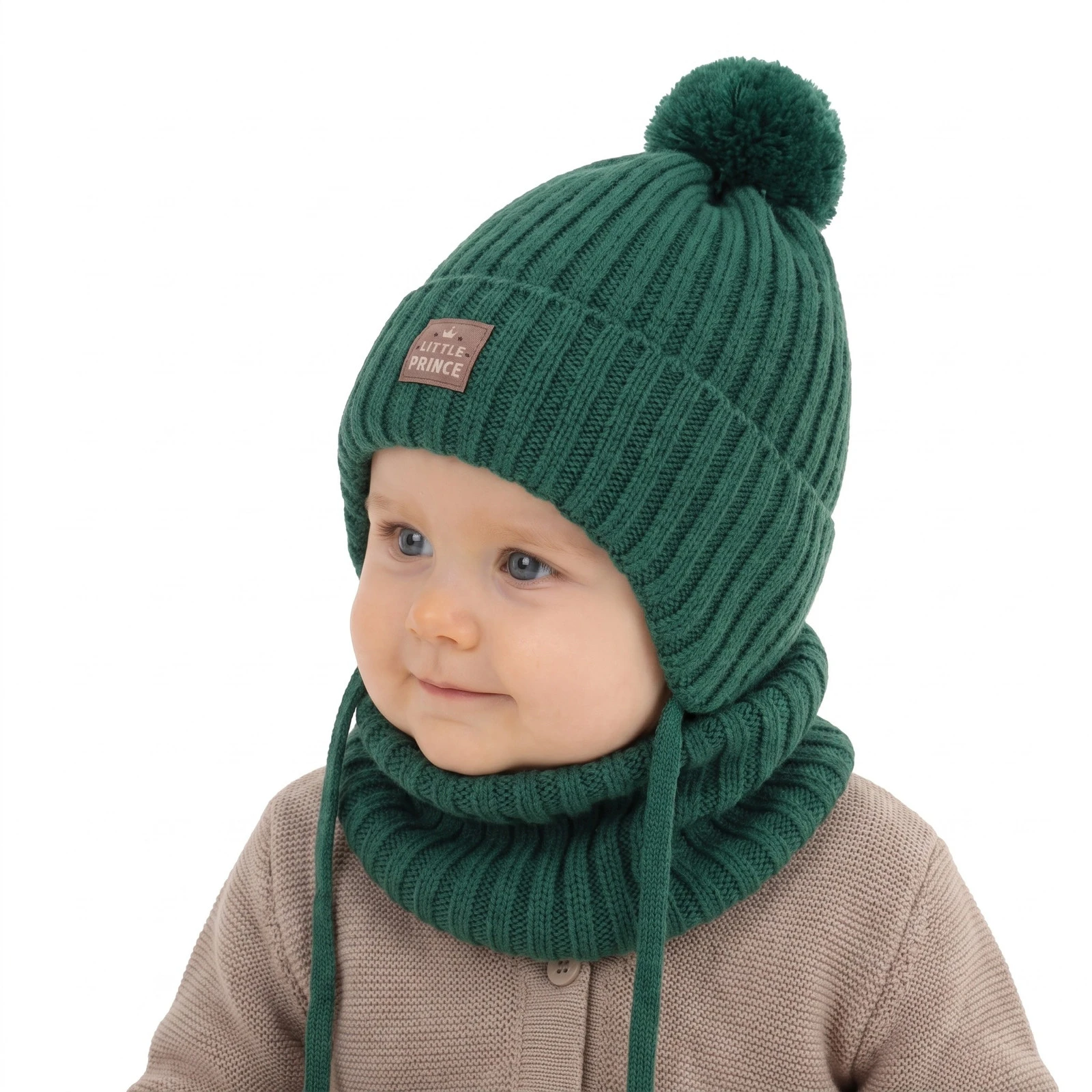 Czapka i komin dla chłopca zimowy komplet, szmaragdowy, 100% wełniany merino,  podszyty bawełną, wiązany Masil