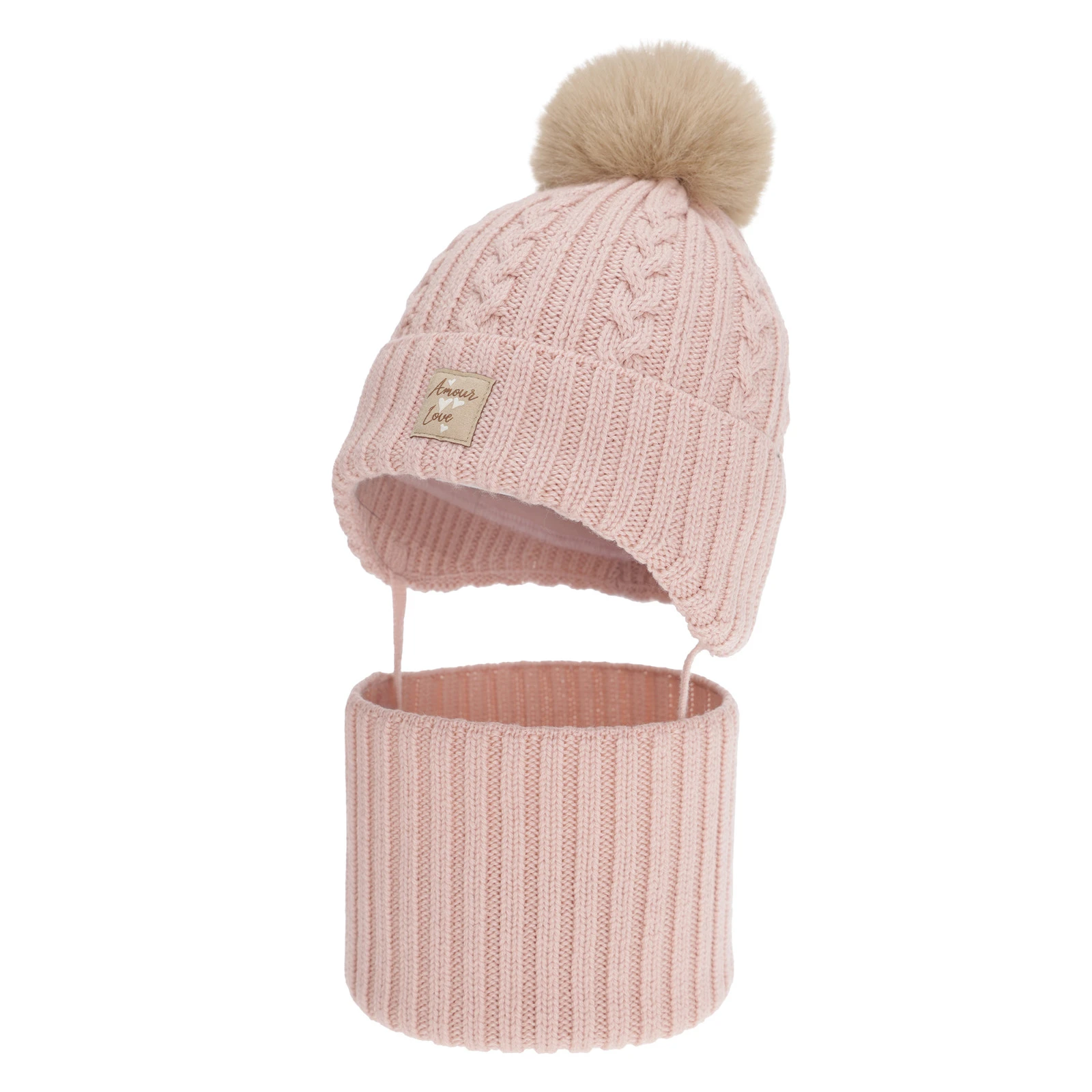 Czapka i komin dla dziewczynki, zimowy komplet, różowy, 100% wełniany merino, z pomponem Vratna