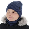 Czapka i komin dla chłopca, zimowy komplet, 100% wełniany merino, z podszyciem z wełny merino, niebieski Harbin
