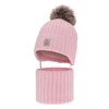 Czapka i komin dla dziewczynki zimowy komplet, różowy, 100% wełniany merino, podszyty wełnianym polarem, z pomponem, wiązany Martina