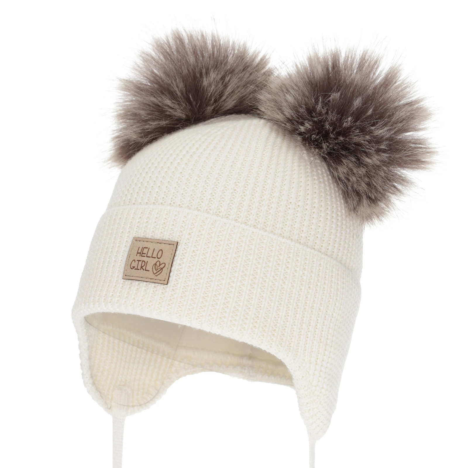 Czapka zimowa dla dziewczynki, kremowa, 100% wełniana merino, podszyta wełnianym polarem, wiązana Trudina