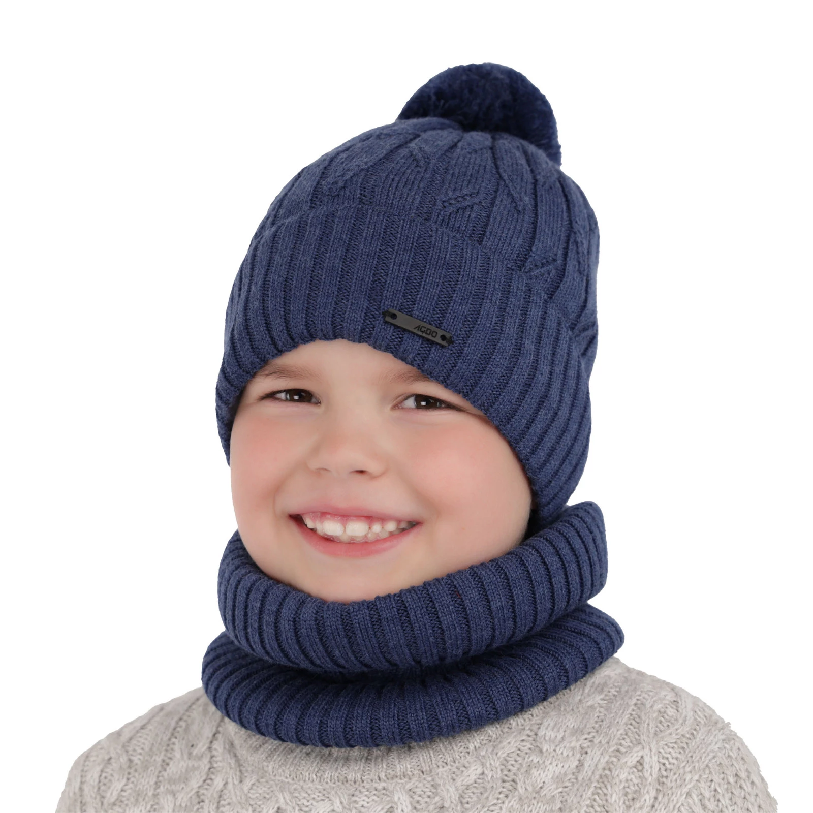 Czapka i komin dla chłopca zimowy komplet, niebieski, z pomponem, wełniany merino Talar