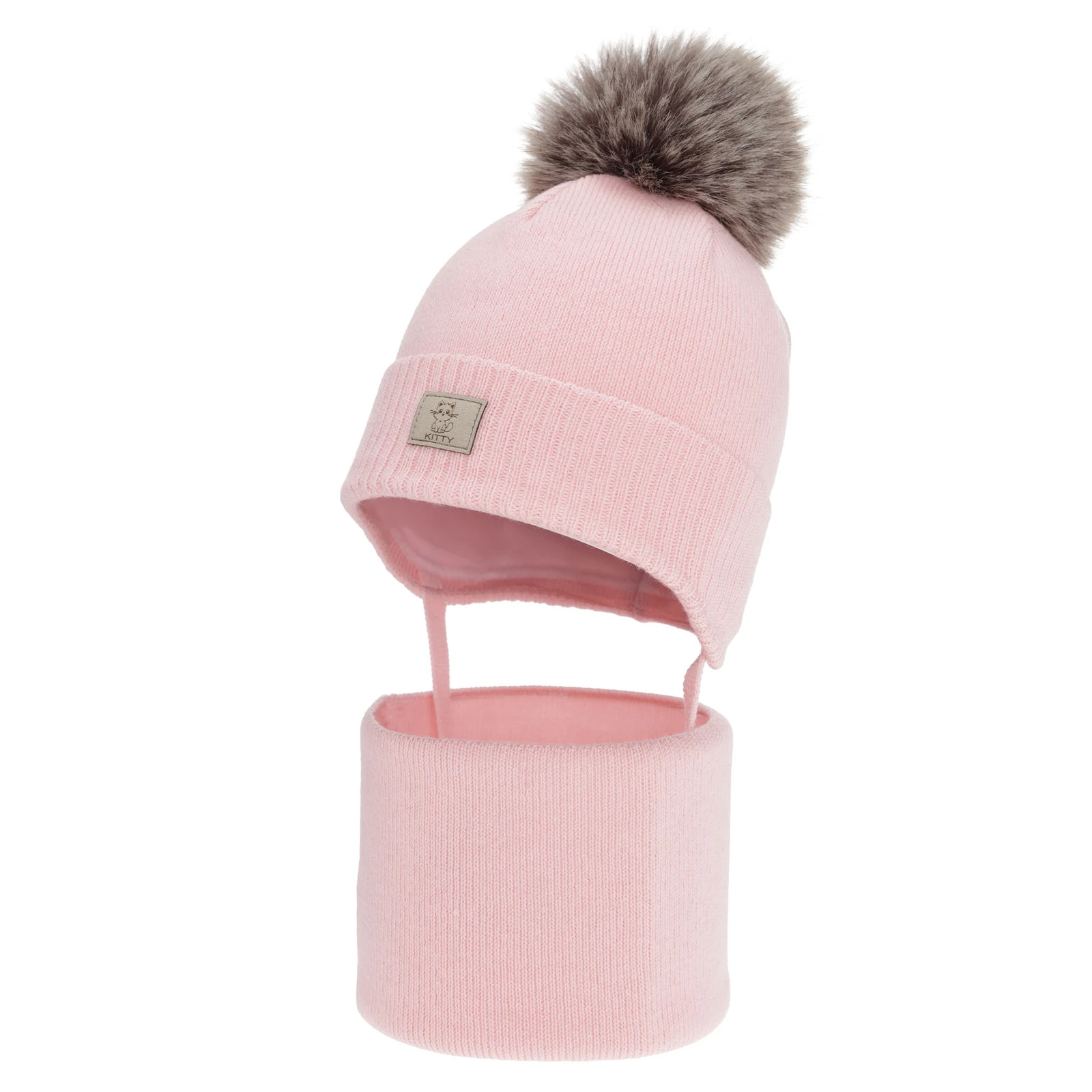 Czapka i komin dla dziewczynki zimowy komplet, różowy, 100% wełniany merino, podszyty bawełną, Senira