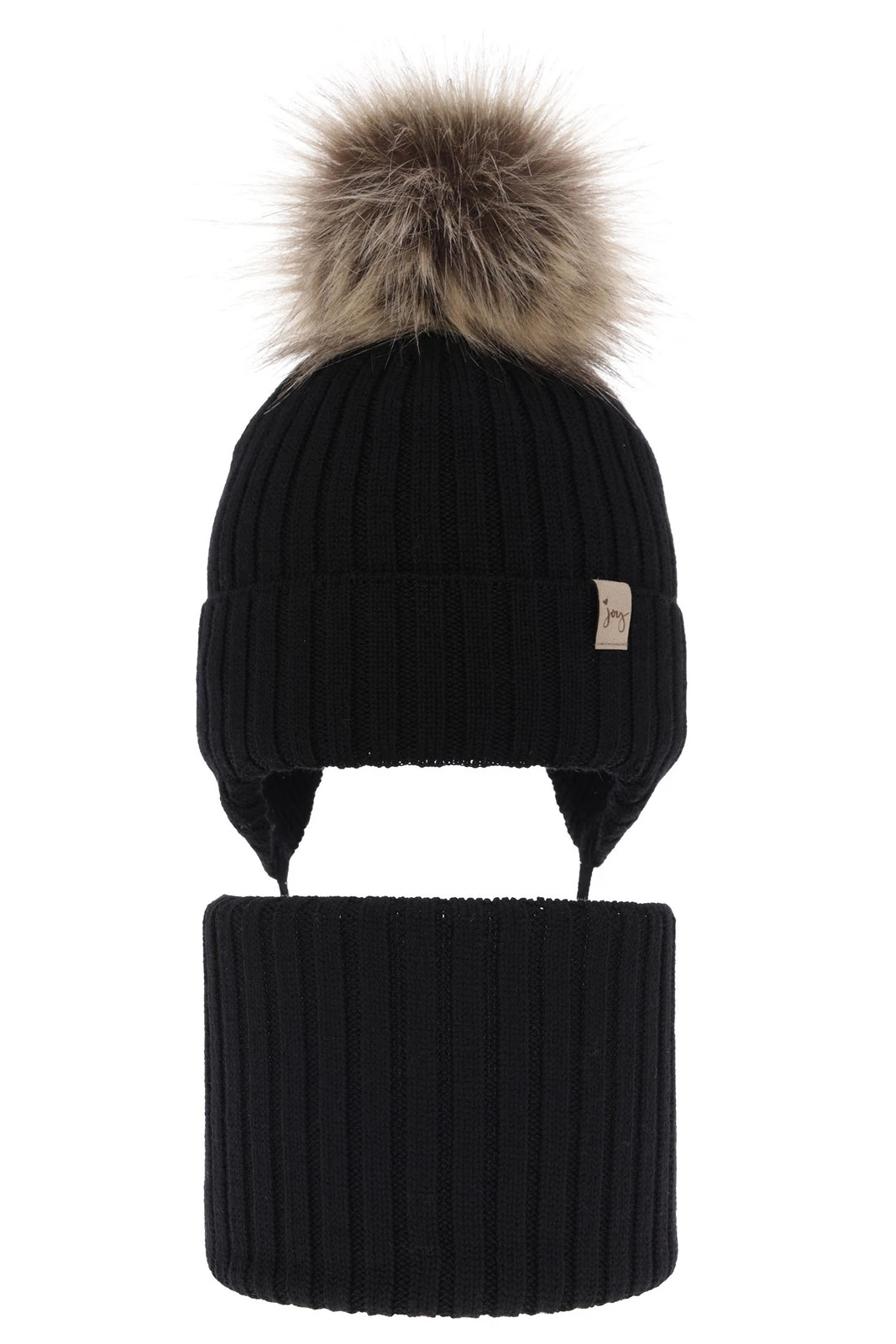Czapka i komin dla dziewczynki zimowy komplet, czarny, wiązany, 100% wełniany merino Junika