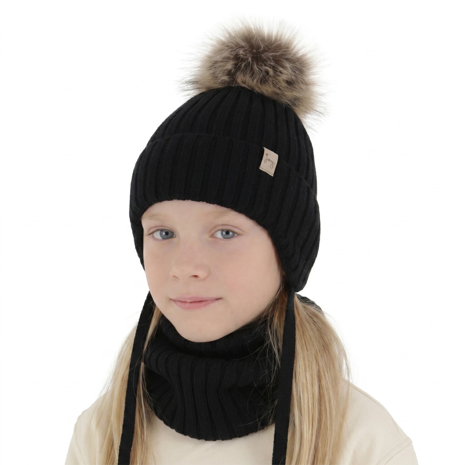 Czapka i komin dla dziewczynki zimowy komplet, czarny, wiązany, 100% wełniany merino Junika