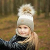 Czapka i komin dla dziewczynki zimowy komplet, kremowy, z pomponem, wiązana Riviera