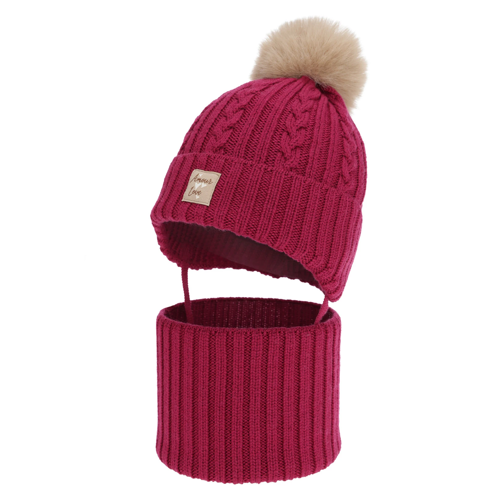 Czapka i komin dla dziewczynki, zimowy komplet, amarantowy, 100% wełniany merino, z pomponem Vratna