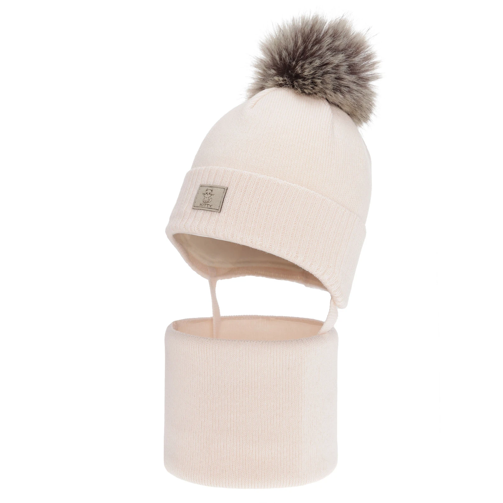 Czapka i komin dla dziewczynki zimowy komplet, jasnoróżowy, 100% wełniany merino, podszyty bawełną, Senira