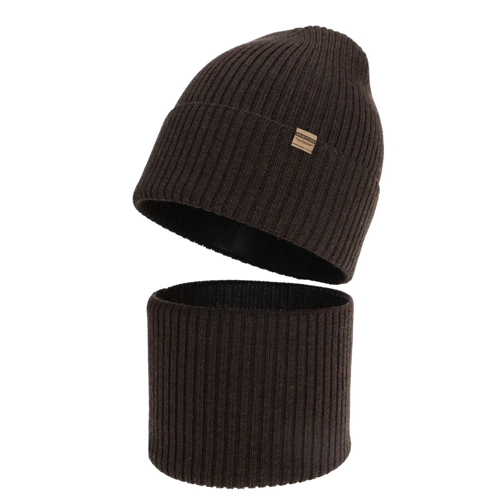 Czapka i komin dla chłopca jesienny, wiosenny komplet, brązowy, 100% wełniany merino Kimu