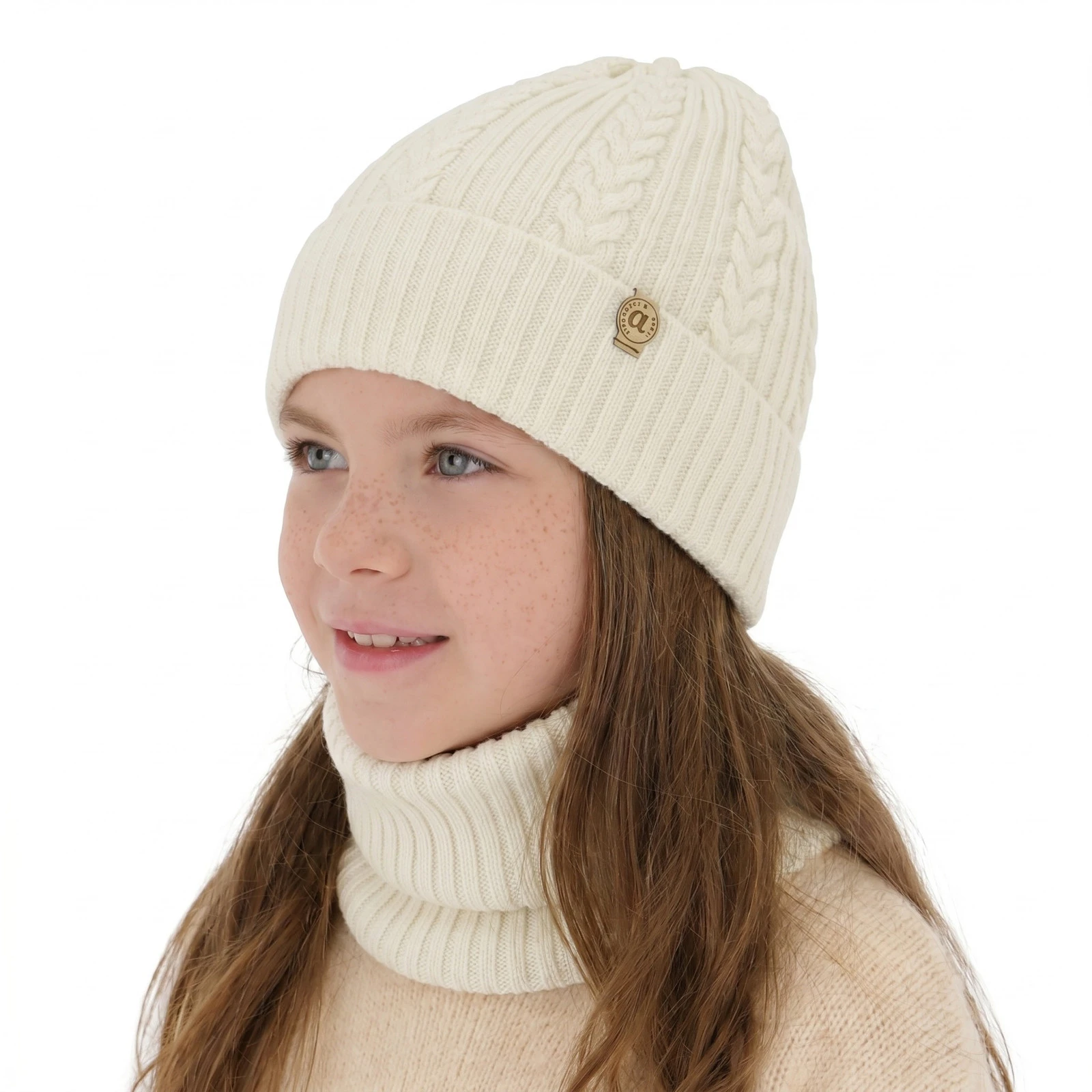 Czapka i komin dla dziewczynki zimowy komplet, kremowy, 100% wełniany merino Jenny