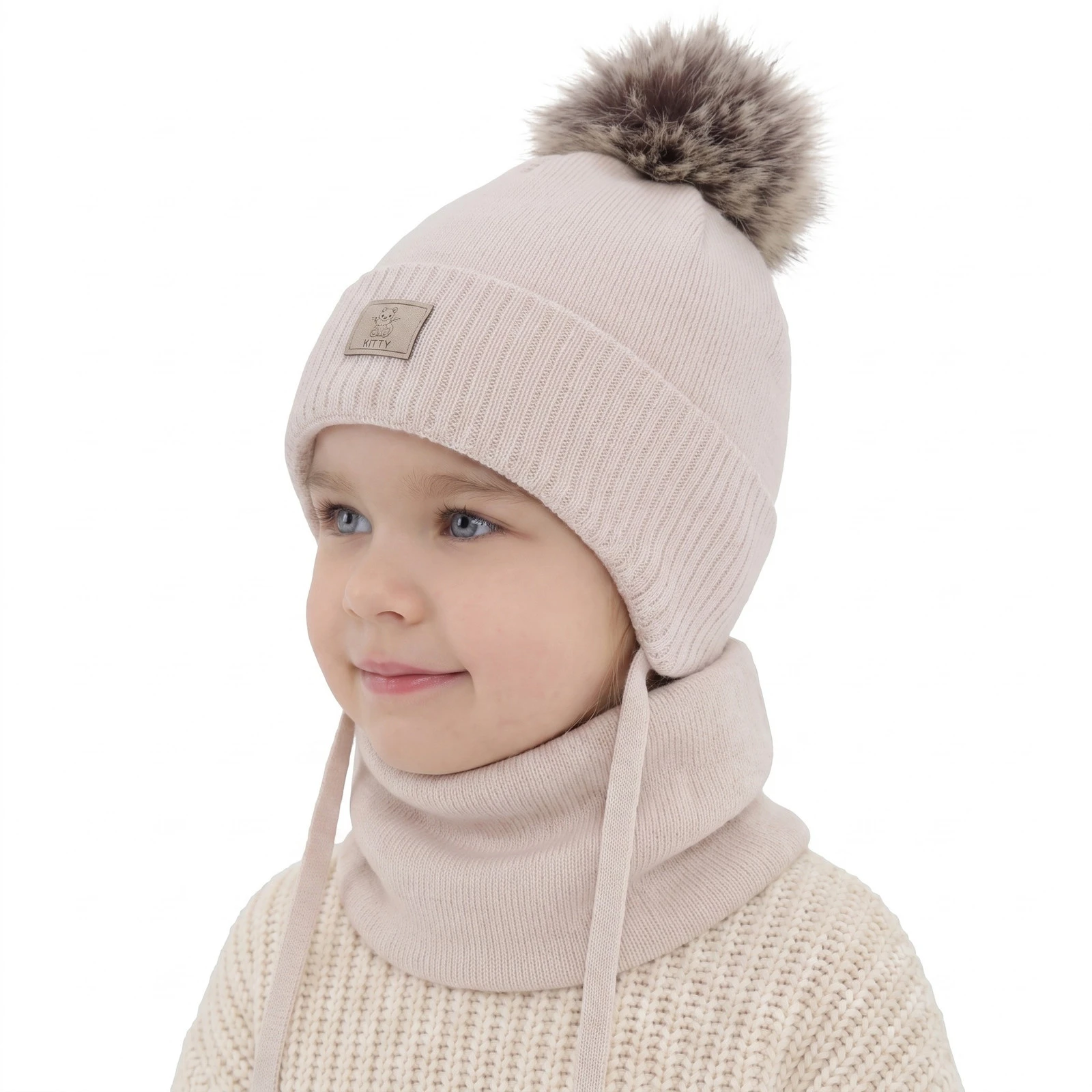 Czapka i komin dla dziewczynki zimowy komplet, beżowy, 100% wełniany merino, podszyty bawełną, Senira
