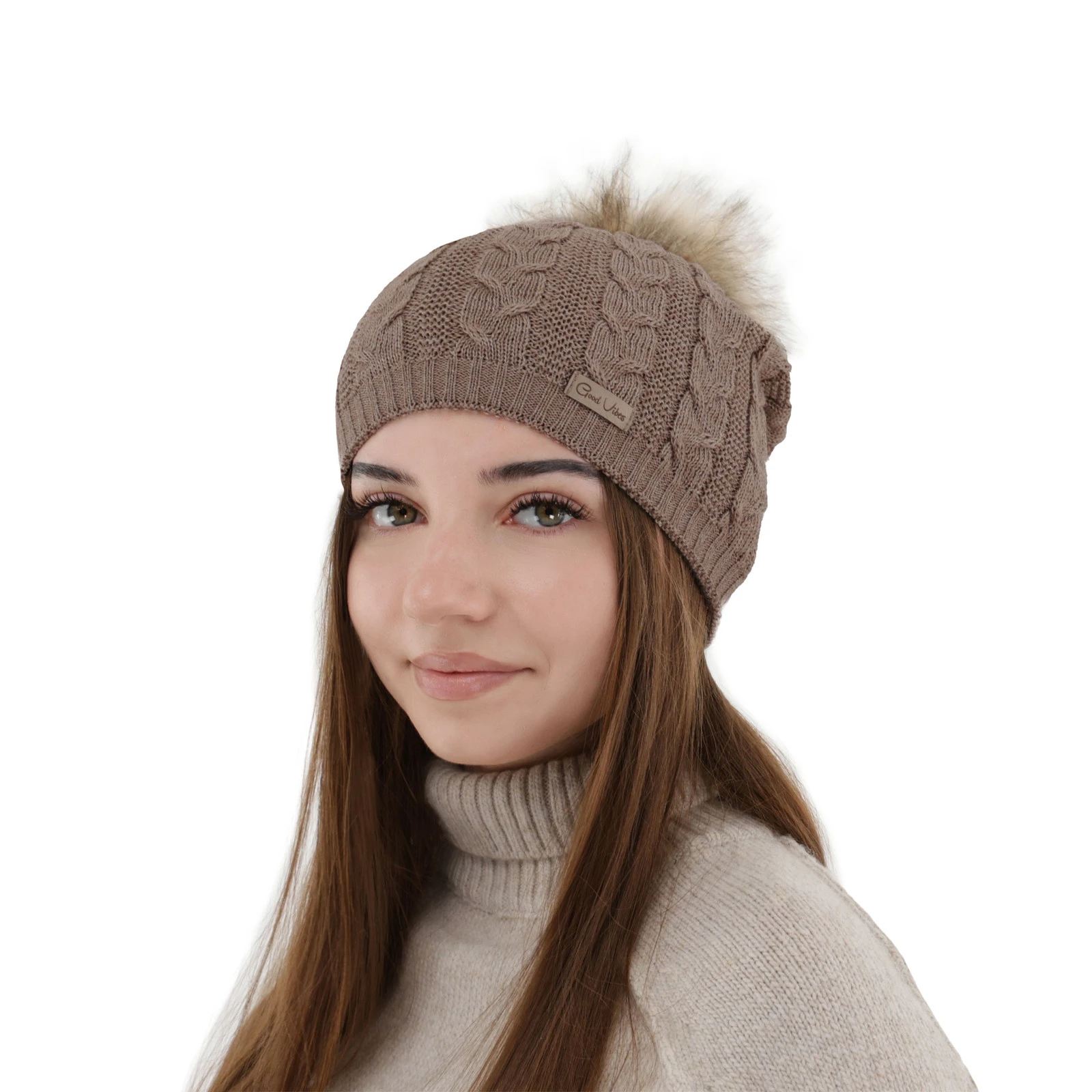 Czapka zimowa damska, ciemnobeżowa, z wełną merino Bafi