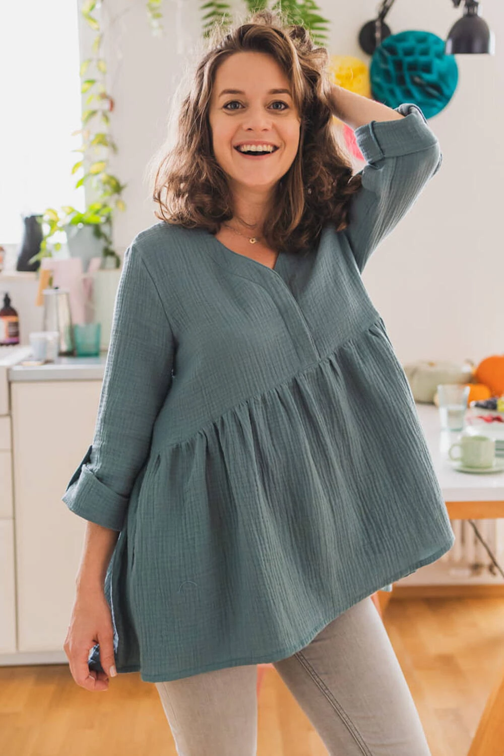 Tunika ciążowa z muślinu organicznego GOTS Mother Nature eukaliptus