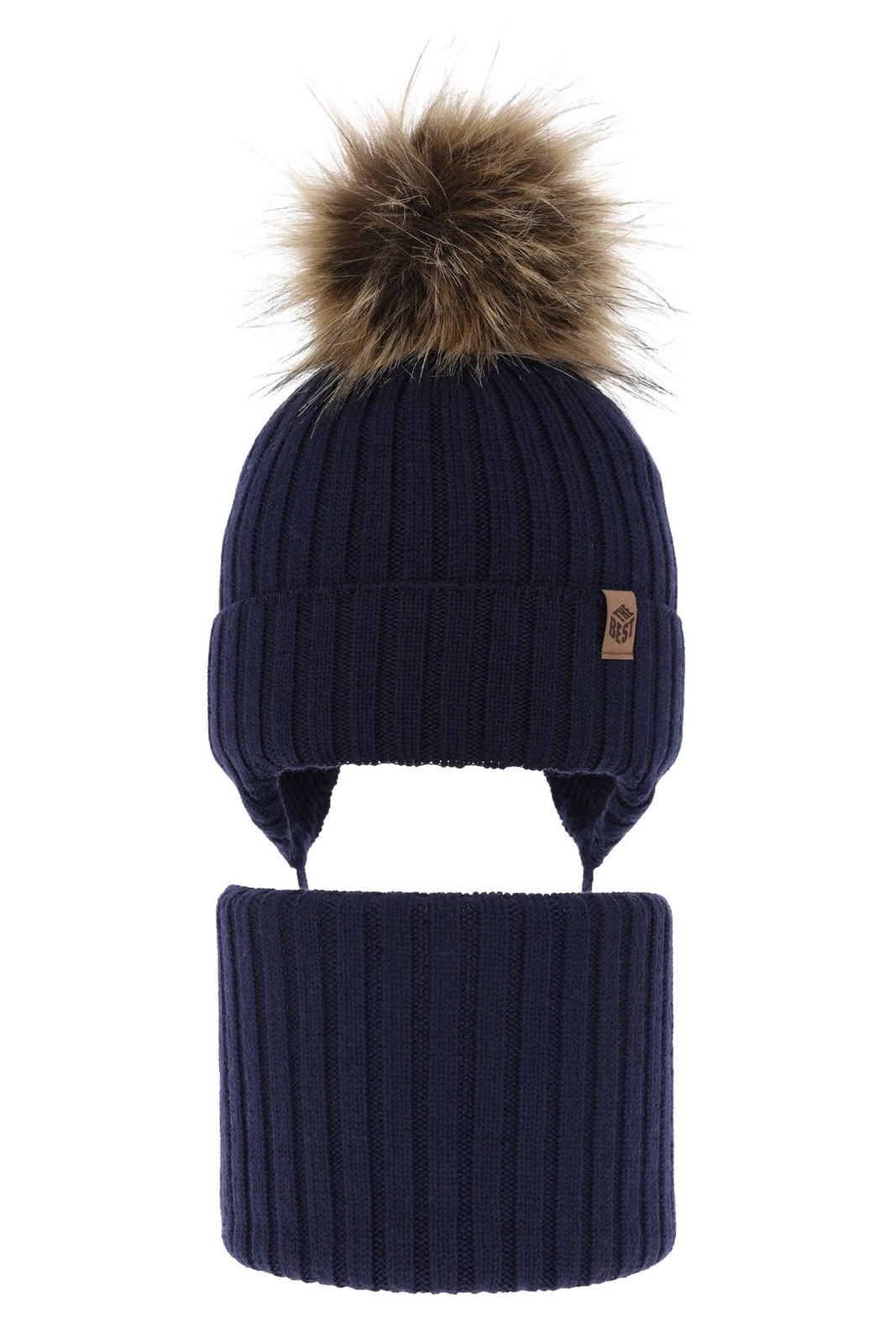 Czapka i komin dla chłopca zimowy komplet, granatowy, 100% wełniany merino, z pomponem Juno