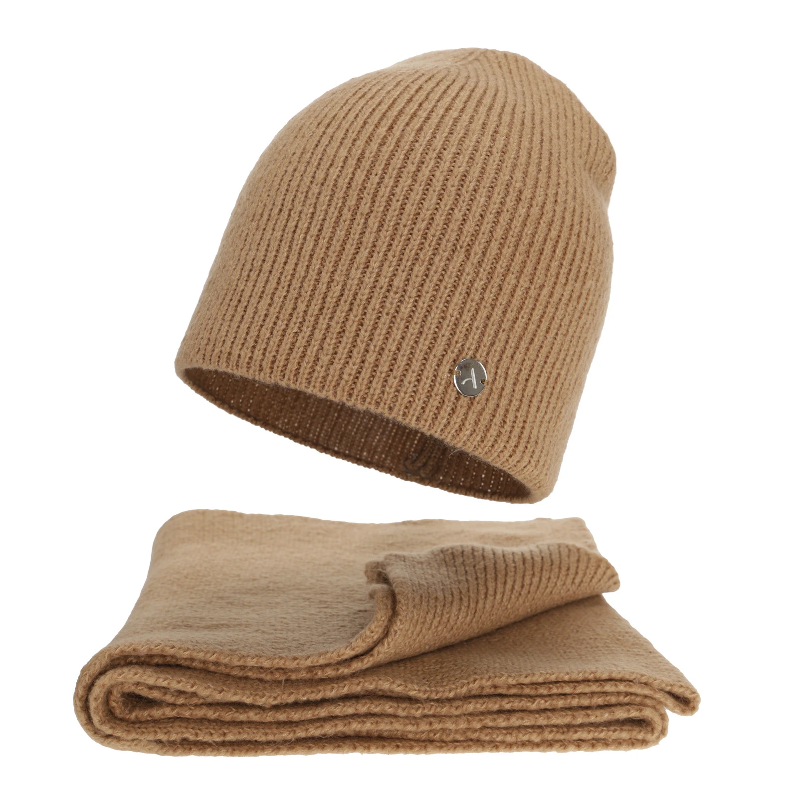 Czapka i szalik damski, zimowy komplet, camel, Ravi