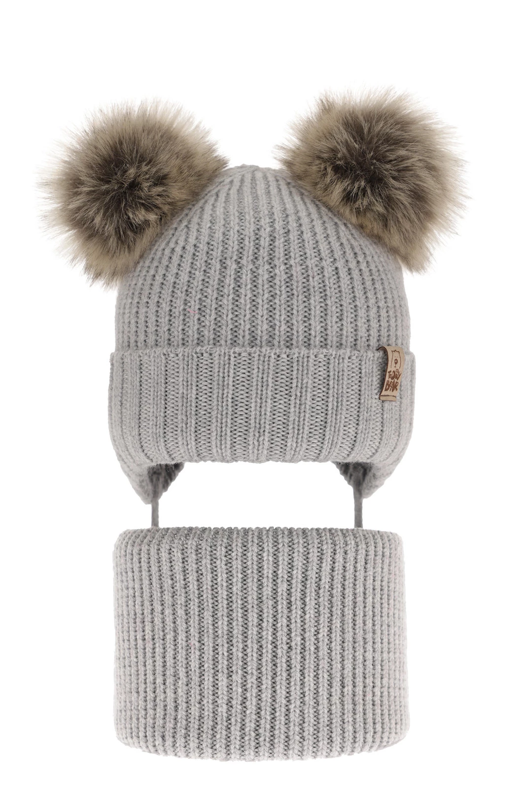 Czapka i komin dla chłopca zimowy komplet, szary, wiązany, 100% wełniany merino Konor