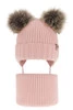 Czapka i komin dla dziewczynki zimowy komplet, różowy, 100% wełniany merino, z dwoma pomponami, wiązany Silvia