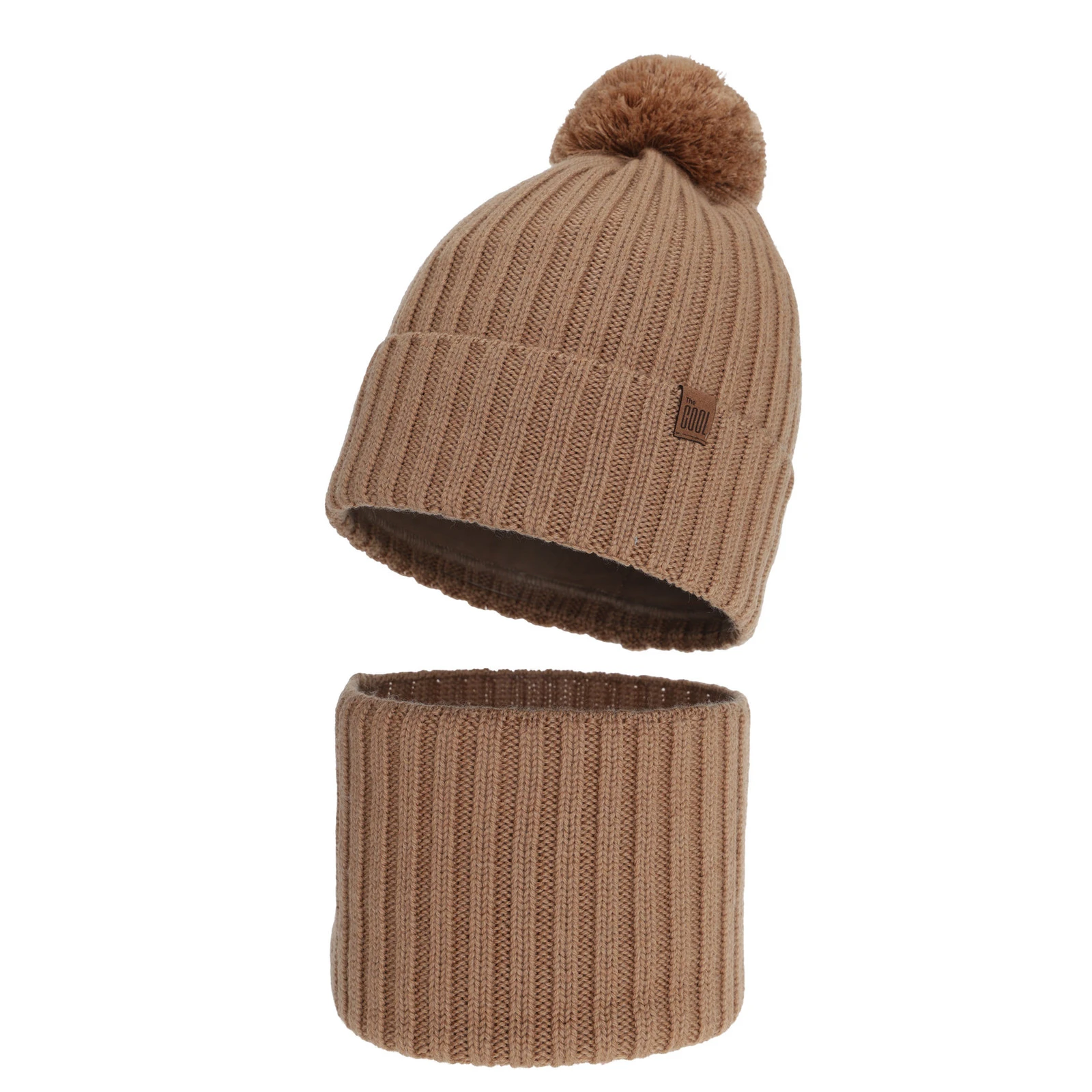 Czapka i komin dla chłopca, zimowy komplet, 100% wełniany merino, z podszyciem bawełnianym, camel Tolmar