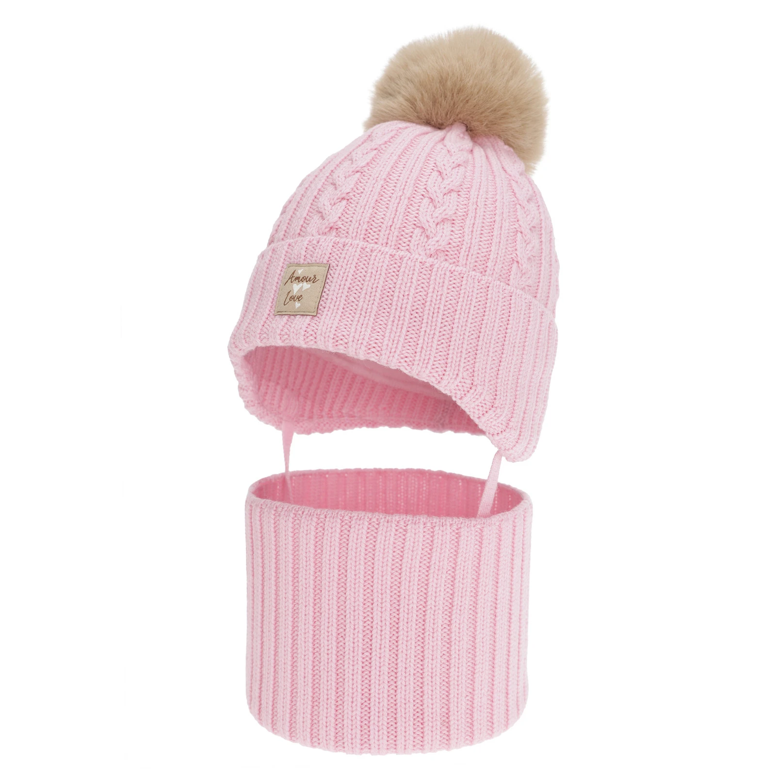 Czapka i komin dla dziewczynki, zimowy komplet, różowy, 100% wełniany merino, z pomponem Vratna