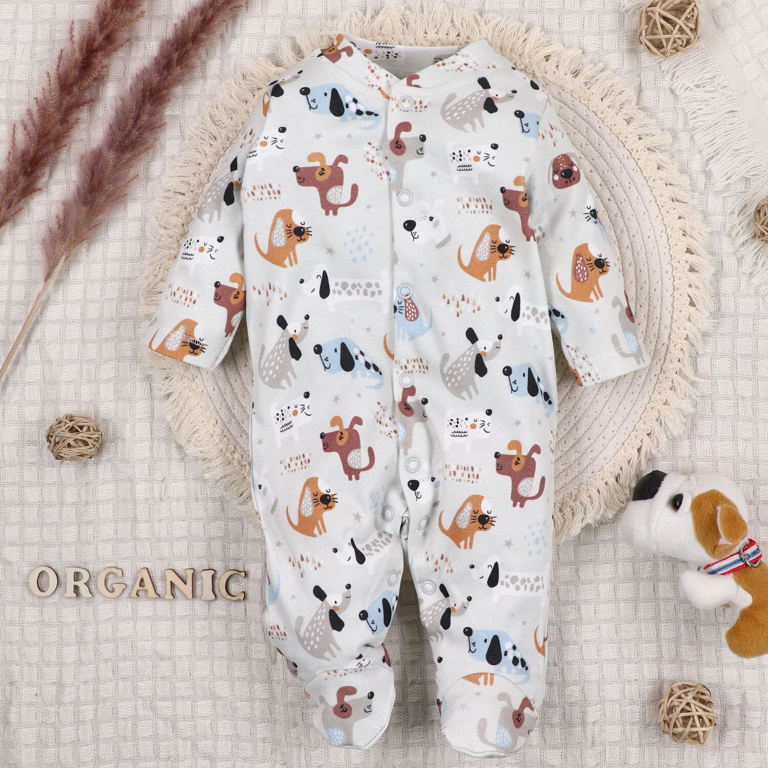 Pajac niemowlęcy Psiaki z bawełny organicznej dla chłopca