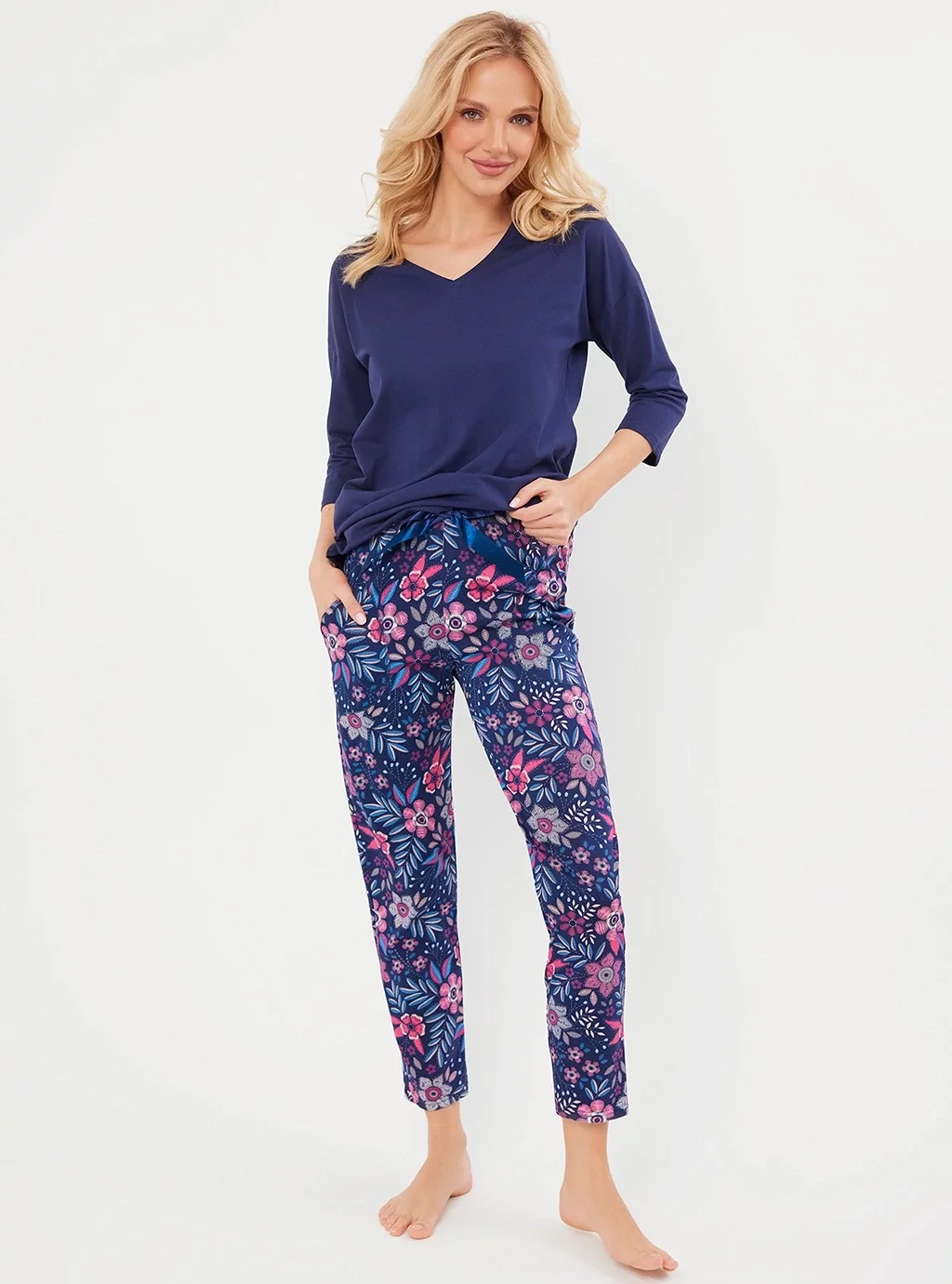 Folk piżama damska 3/4 rękaw - granat