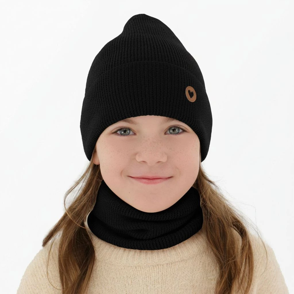 Czapka i komin dla dziewczynki jesienny, wiosenny komplet, czarny, 100% wełniany merino Brook