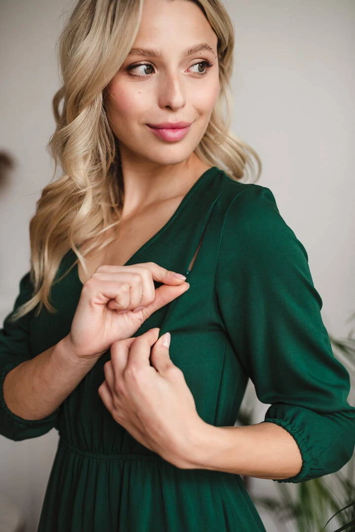 Sukienka ciążowa i do karmienia Lovely Dress Midi rękaw 3/4 butelkowa zieleń