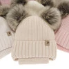 Czapka i komin dla dziewczynki zimowy komplet, biały, 100% wełniany merino, wiązany, z dwoma pomponami Silvia