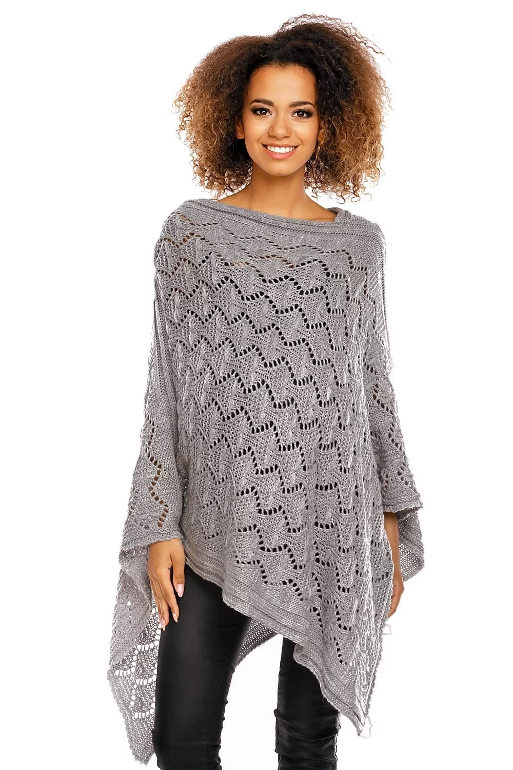 ELEGANCKIE AŻUROWE PONCHO CIEPLUTKIE JASNY SZARY